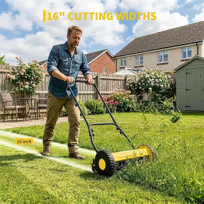 16" Push Lawn Mower, Manual Hand Push Lawn Mower Without Grass Catcher, Lightweight & Portable Walk-Behind Mower for Small Yards, Garden & Patio - Image 2