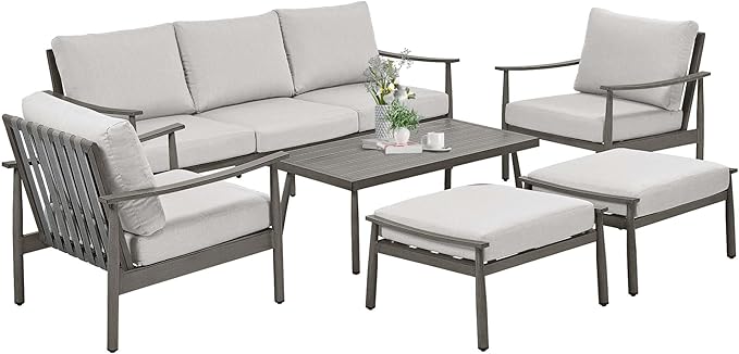 HAPPATIO Patio Outdoor Furniture Set - 6 Pieces Aluminum Outdoor Conversation Set with 1 Three-Seater Sofa, 1 Coffee Table, 2 Armchairs, and 2 Ottomans for Yard, Porch, and Deck (Grey)