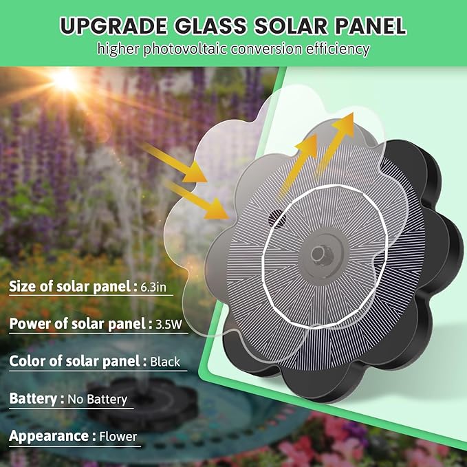 SZMP Solar Water Fountain with Flower Pattern No Battery,Faster Conversion Solar Bird Bath Fountains Glass Solar Panel,Solar Fountain for Bird Bath Garden Small Ponds Outdoor Décor
