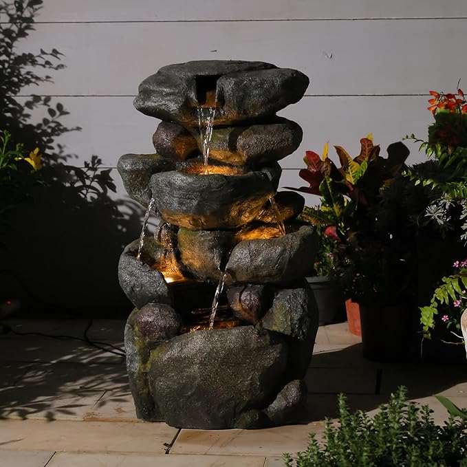The 4-Tiered Water Fountain Outdoor&Indoor Fountain with Lights, 28.35" Waterfall Fountain for Garden, Patio, Yard, and Lawn, Natural Stone Look Water Features Outdoor Patio