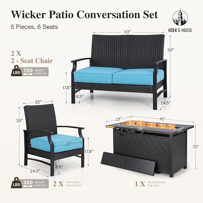 HERA'S HOUSE Patio Furniture Set 5 Pieces, 2 x Wicker Chair, 45" Fire Pit Table and 2 x 2-Seat Lover Sofa with Cushions, All Weather Outdoor Conversation Set for Garden, Lawn, Backyard