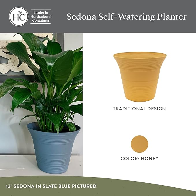 The HC Companies 16 Inch Sedona Round Self Watering Planter Pots, Lightweight UV-Resistant Plastic Indoor & Outdoor Planters, 2-Pack Flower Pots for Garden & Home Decor, Honey
