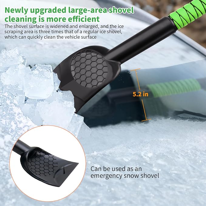 43.3'' Snow Shovel & Snow Brush with Ice Scrapers for Car Windshield,5-in-1 Extendable Thicken Aluminum Tube,180° Pivoting Brush Head & Foam Grip for Christmas, Cars, Trucks, SUVs, Vehicle（Green - Image 3