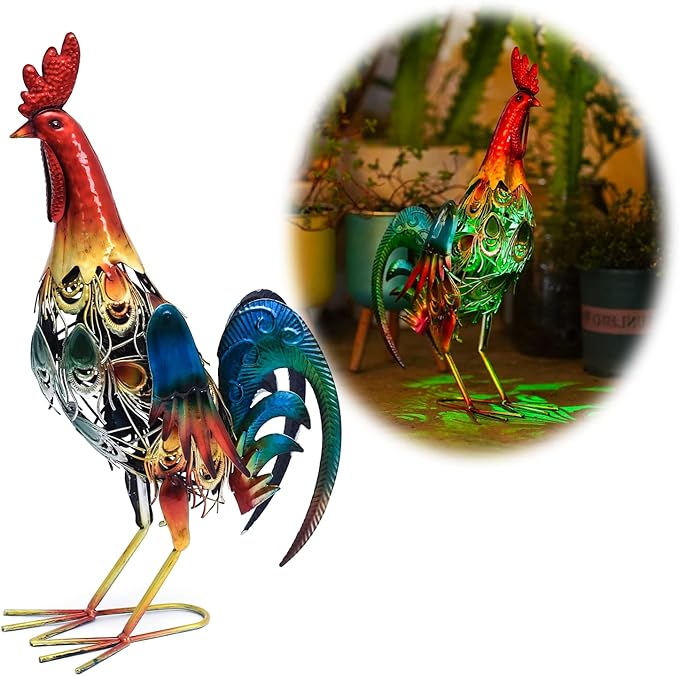 19 Inch Solar Rooster Statue, Metal Yard Art with Colorful Lights for Garden Lawn Outdoor Decoration Gifts