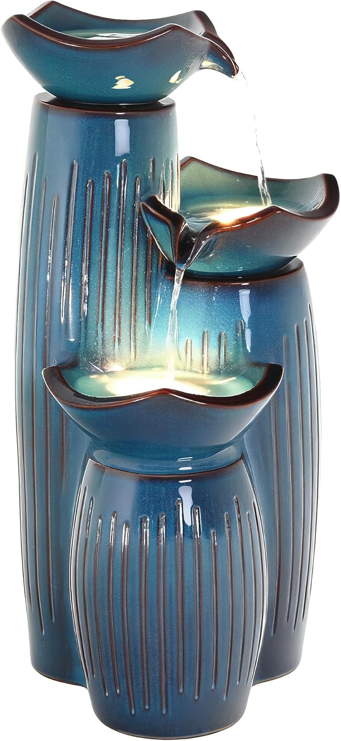 30" H Ceramic Outdoor Water Fountain with LED Lights, 3-Tier Cascading Lotus Bowls Water Feature, Tranquil Waterfall for Relaxing Garden, Patio, Yard, Turquoise, Vertical Striped Texture