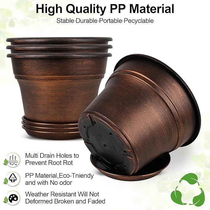 Plant Planters Pots Set of 4 Pack 8 Inch, Plastic Flower Pot For Indoor Plants With Drainage Holes & Trays, Resin Decorative Container Sets With Saucer For House Outdoor Garden Planters Copper