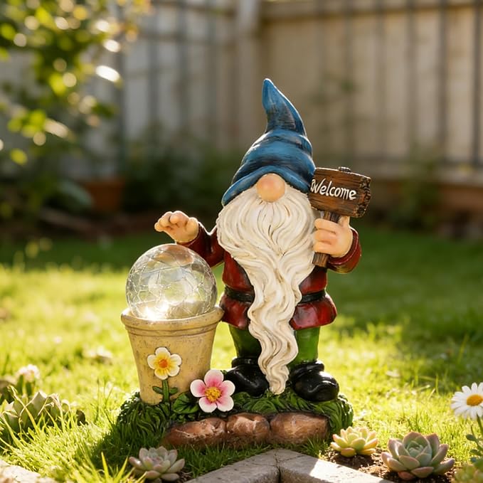 DiliComing Solar Garden Gnomes Outdoor Statues - Cute Gnome Statue with Welcome for Yard Patio Porch Lawn, Resin Gnome Figurine with Solar Light for Thanksgiving and Christmas