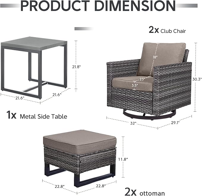 Outdoor Swivel Rocker Chairs - 5 Piece Patio Bistro Set Wicker Patio Rocking Chairs Set with Side Table and Ottomans, 360° Swivel Glider Proch Furniture for Balcony Deck - Grey/Grey