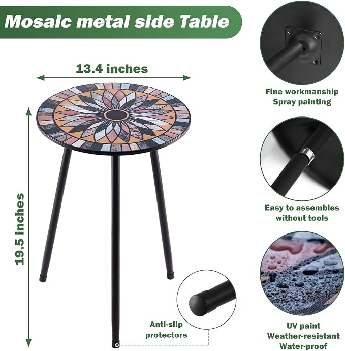 Party Zealot 1 Pack Metal Mosaic Round Side Table Small 13.4" End Patio Round Accent Table Garden Corner Stand for Small Spaces Weather-Resistant for Balcony Plant Stand Indoor Outdoor - Image 3