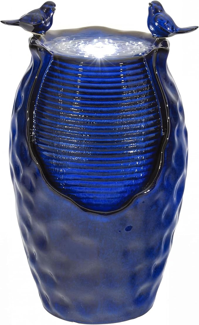 23.5" H Ceramic Jar Outdoor Fountain, Honeycomb Pot Water Feature with LED Lights, Soothing Trickling Waterfall for Garden, Patio, Yard Oasis, KD Vivid Bird Accents, Cobalt Blue Glaze,