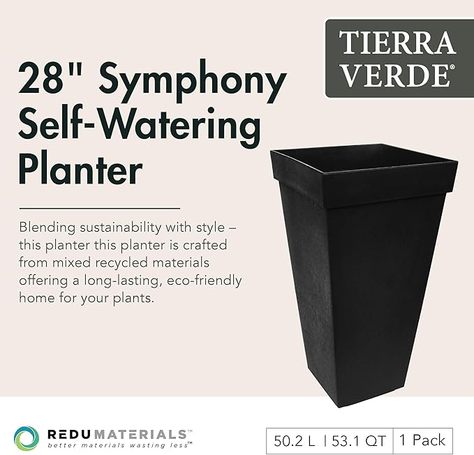 Tierra Verde Indoor & Outdoor Self-Watering Square Planter, Symphony, 15" x 28", Black - Planting Containers for Plants and Flowers - Gardening and Landscaping Accessories