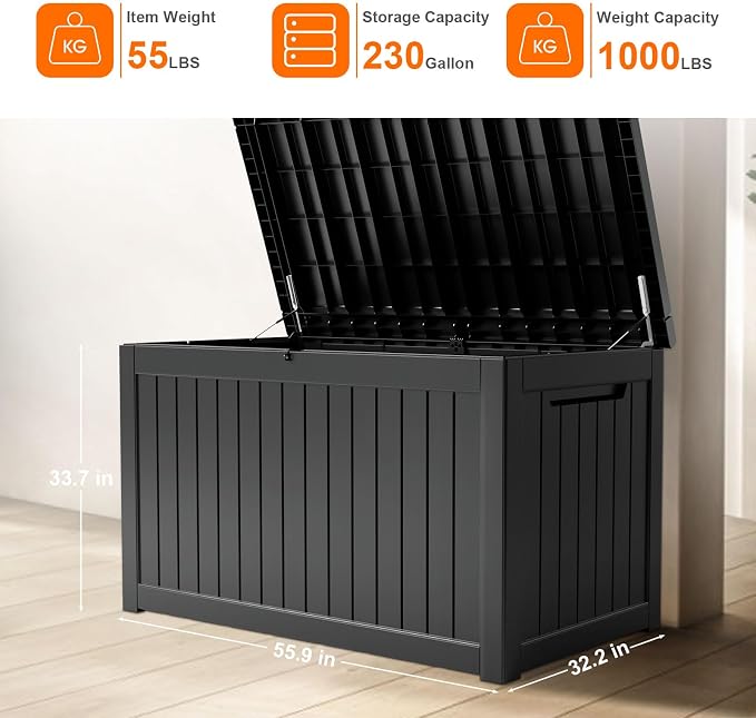 PatioZen 230 Gallon Resin Deck Box, Lockable Patio Outdoor Storage Box for Furniture, Garden Tools and Tools Storage, Waterproof Outside Storage Boxes - Black - Image 3