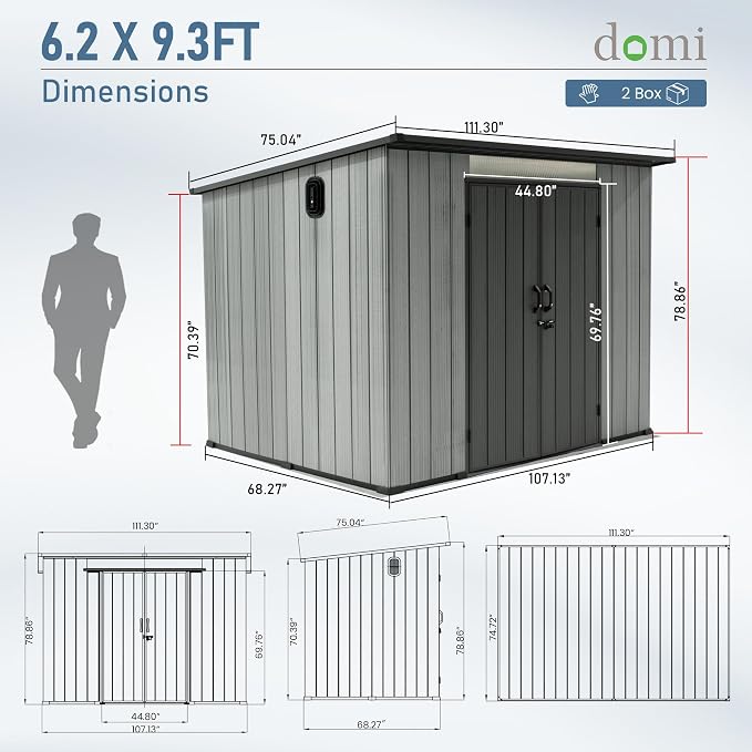 Domi 6.2x9.3 FT Outdoor Resin Storage Shed, All-Weather Double-Wall Storage Building with Sloping Roof for Backyard, Garden, Lawn Tools, Mower, Bike & Pool Equipment, Lockable Doors, Ventilated Roof - Image 2