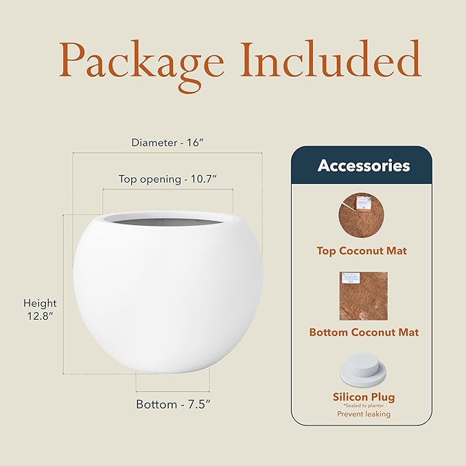 12.8"H x 16"D Premium Globo Fiberstone Round Planter with Drainage Hole, Smooth Finishes, Weather Resistant for Indoor and Outdoor Use, Included 2 Extra Coco Mats (White, 10.7" Pot Opening)