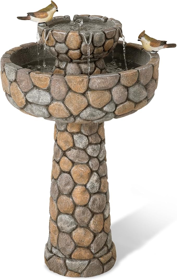 Glitzhome Water Fountain Outdoor with Birds Decor, 24.4”H 2-Tier Bird Bath Outdoor Fountain with Pump, Freestanding Garden Waterfall Fountains Water Feature