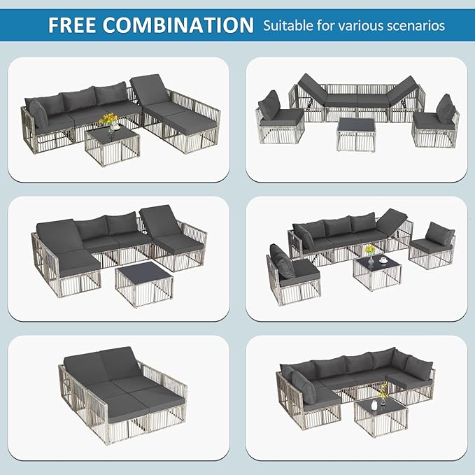 FHFO 7 Pieces Outdoor Patio Furniture Set, Wicker Outdoor Sectional Conversation Couch Set with Adjustable Backrest Sofa, Thick Cushion & Coffee Table for Garden, Porch, Poolside, Grey/Grey