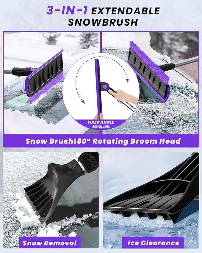 helloleiboo 2025 Extra Long 55.7" Ice Scrapers for Car Windshield Multi-Functional Detachable Car Ice Scraper with Foam Grip and 270° Pivoting Brush Head Snow Brush for SUV Truck Auto(Purple) - Image 3