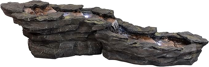 Alpine Corporation TZL240 | 76"L Outdoor Tiered Rocky River Stream Water Fountain — Color-Changing LED Lights for Patio, Yard & Backyard Décor — Brown Finish