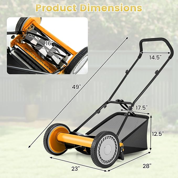 16-inch 5-Blade Push Reel Lawn Mower, Walk-Behind Grass Cutter w/Removable 7 Gallon Grass Catcher Bag & Adjustable Cutting Height, Cordless Manual Lawn Mower for Garden, Lawn, Yard (Orange) - Image 8