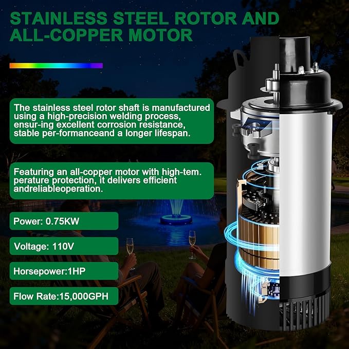 Pond Fountain Aerator,with Dynamic LED RGB Lighting,Adjustable Modes, Digital Timer -Pond fountain1HP 15,000 GPH, 750W 110V, 100FT Cord - for Large Ponds, Lakes & Outdoor Water Features