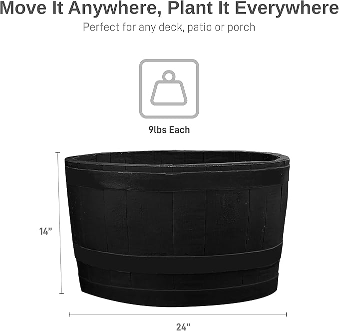 RTS Home Accents Polyethylene Whiskey Barrel Planter for Indoor or Outdoor Gardening, Black (2 Pack)