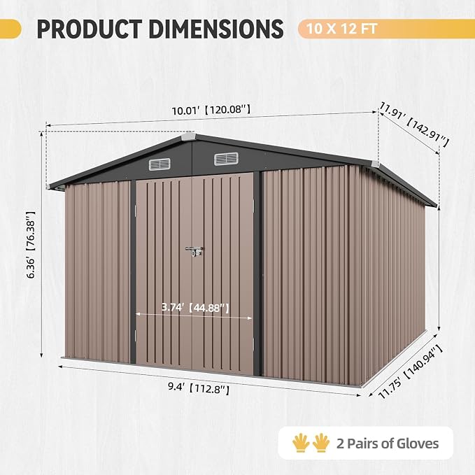 Aoxun 10x12 Shed with Brown Floor Galvanized Steel Outdoor Storage Shed Metal Garden Shed with Moisture-Proof Floor & Ventilation, Sloped Roof for Bike/Generator/Tool Storage (Brown with Floor) - Image 2