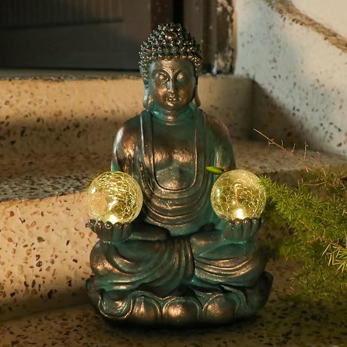 Afirst Meditating Buddha Garden Statues Solar Buddha Sculpture Decor with Glass Balls Zen Meditation for Home Garden Yard Patio Indoor Outdoor Ornaments Gifts for Mom, 10.5''