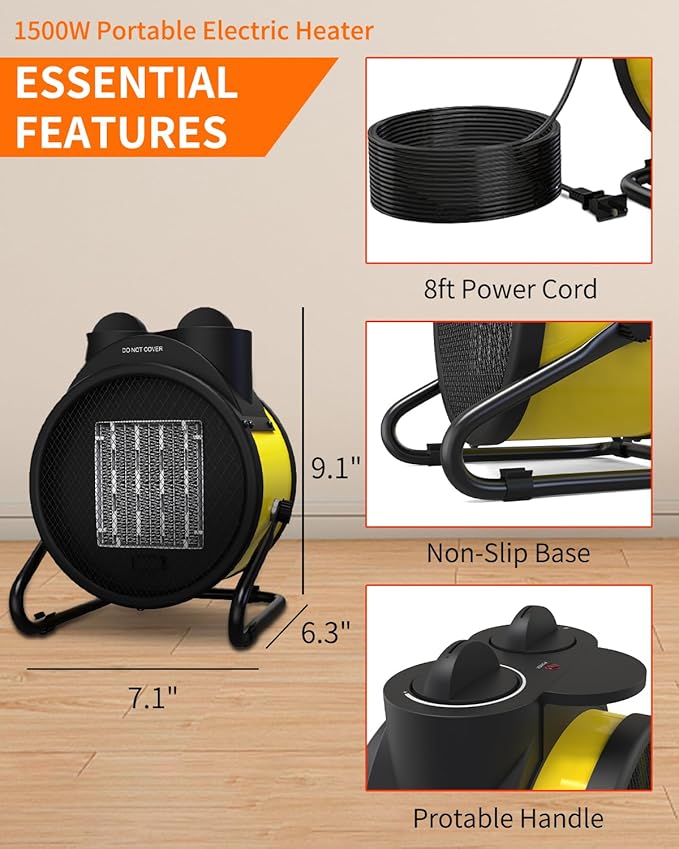 Buyplus Outdoor Heaters for Patio, 1500W Electric Garage Heater with 90°Adjustable Angle, Overheat Protection & 2S Fast Heating, Greenhouse Heater for Patio, Garage, Greenhouse, Indoor Outdoor, Yellow