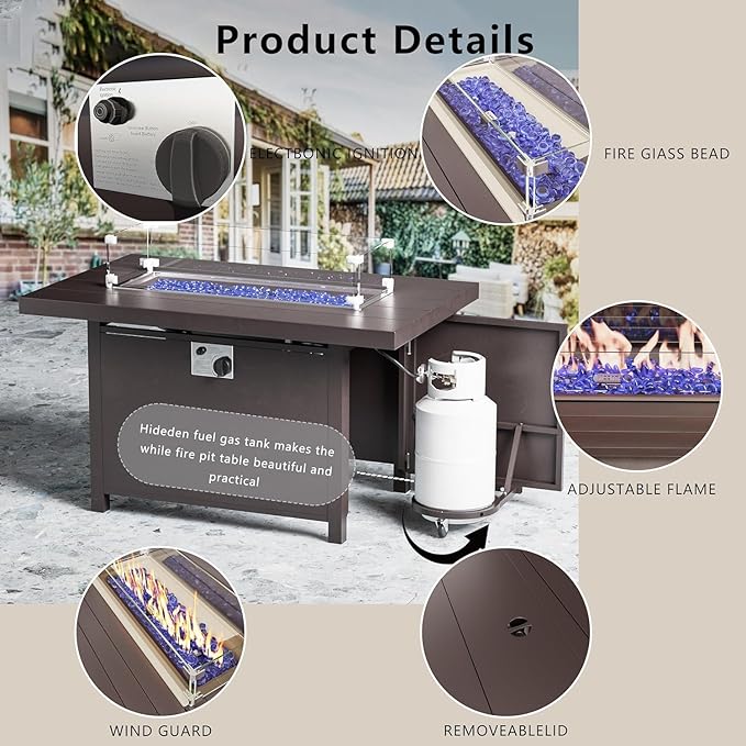 Patio Furniture Set 7-Piece Aluminum Armrest Sofa, Modern Outdoor Living Room Set with 55000 BTU Propane Aluminum Fireplace, Outdoor Rotary Joystick with Thick Cushion