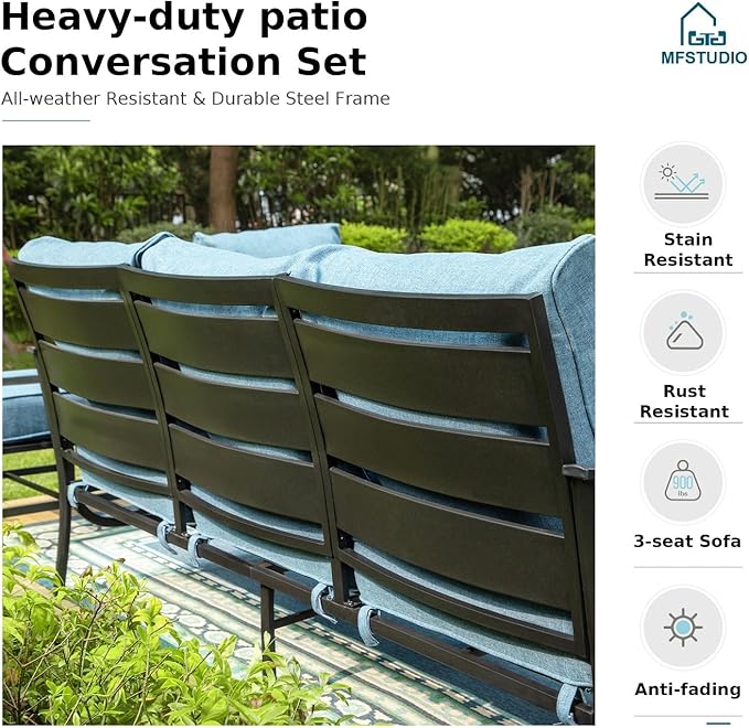 MFSTUDIO 4 Pieces Patio Conversation Sets(5 Seat),Outdoor Metal Furniture Sofas with 1 Loveseat(3 Seat), 2 Swivel Chairs,1 Coffee Table,Wrought Iron with Navy Cushion for Patio Courtyard Balcony