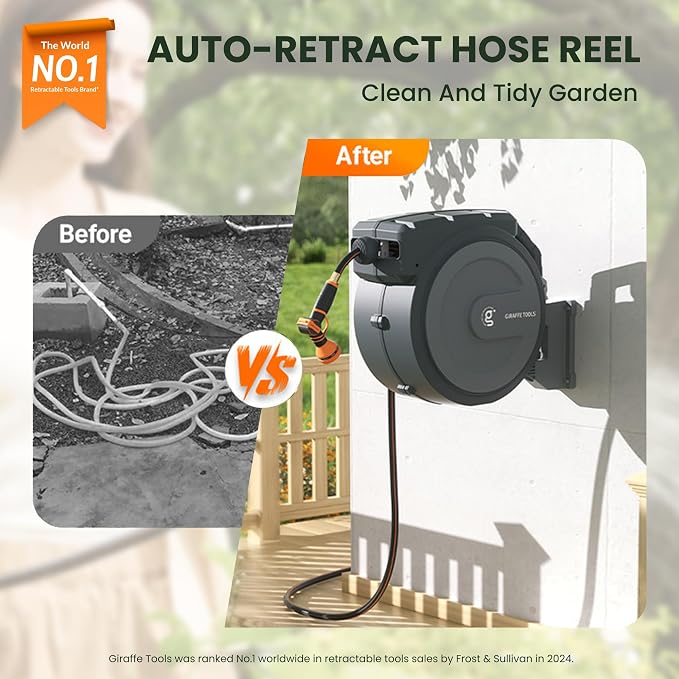 Giraffe Tools Hose Reel 1/2‘’ 78 ft, Heavy Duty Retractable Garden Hose Reel with Any Length Lock, Slow Return System, Wall Mounted and 180 Deg Swivel Bracket - Image 2