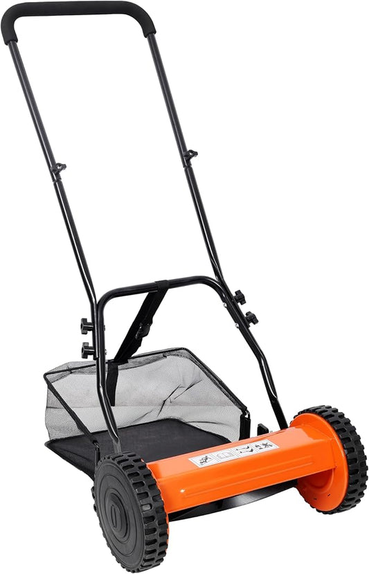 14 Inch 5-Blade Push Reel Lawn Mower with Grass Catcher Orange Manual Walk-Behind Mower Adjustable Cutting Height 0.6-1.8 Inches Lightweight 13.6 lbs Eco-Friendly Reel Mower for Residential Lawn by WZONICE98