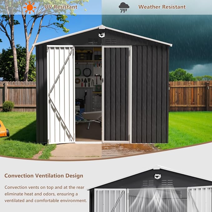 10x12 FT Outdoor Storage Shed, Metal Garden Shed - Tool Storage Sheds with Lockable Doors, Waterproof Outside Storage Building for Backyard, Patio (Black; Floor Not Included) - Image 6
