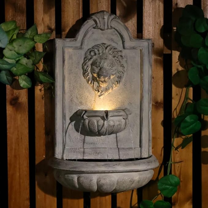 Lion Head Wall Hanging Fountain, 27.5" H Classic Outdoor Wall-Mounted Water Feature, Resin Antique Garden Wall Fountain with LED Light & Water Basin for Patio, Porch, Yard & Courtyard Décor
