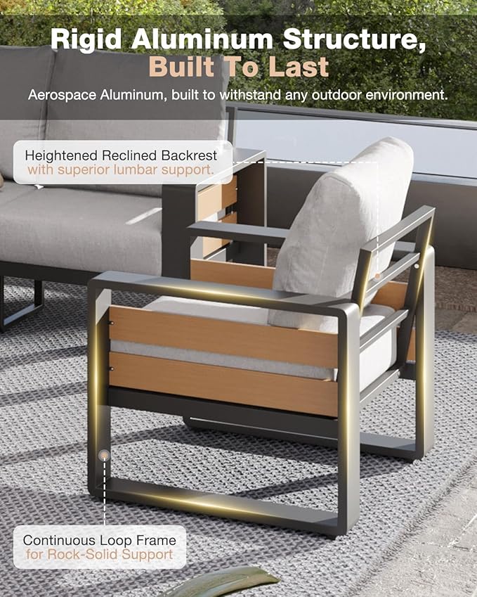 Aoxun Aluminum Patio Furniture Set with Fire Pit Table, 7 Seats Luxury Outdoor Sectional with 6" Olefin Fabric Cushions, Patio Conversation Sets with Waterproof Cover for Backyard, Porch Light Grey