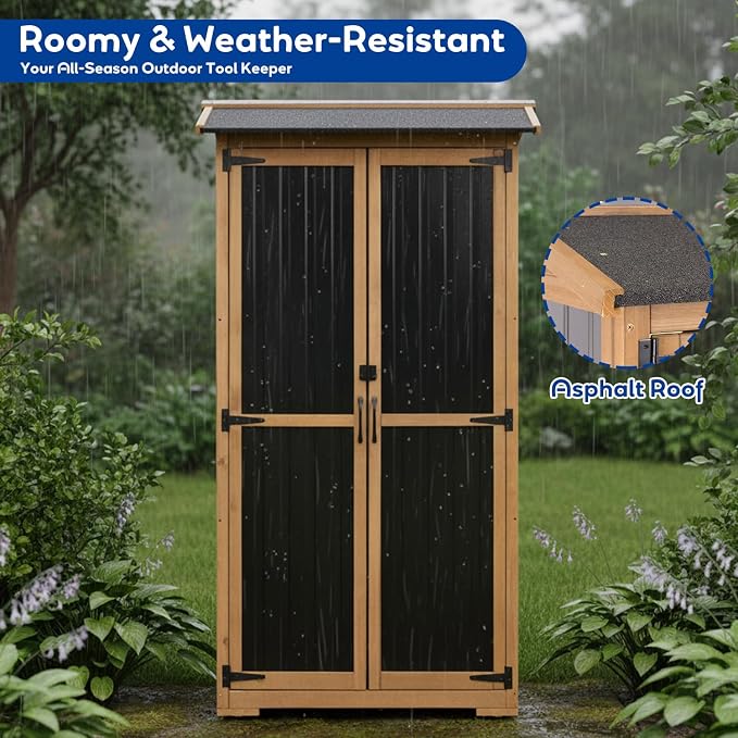 Storage Cabinet Outdoor Garage Cabinets with 3 Adjustable Shelves, Lockable Door, Wood & Metal Weather-Resistant Pantry Cabinet for Patio Garden Home Farm (33.3" Lx 21" Wx 69" H) - Image 3