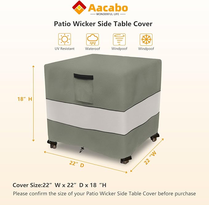 Patio Wicker Side Table Cover,22W x 22D x 18H inch,Waterproof Square Patio Small Side Table Cover,Suitable for 3-Piece Outdoor Wicker Patio Bistro Set Side Table Grey Green - Image 2