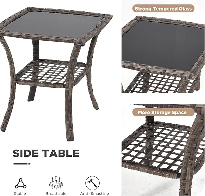 HOMREST 3 Piece Outdoor Swivel Chair Set, Wicker Patio Bistro Set with Thickened 25D Cushions and Glass Coffee Table, Patio Furniture Conversation Set for Deck, Yard, Garden, Poolside Gray