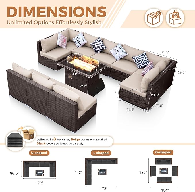 BULEXYARD 11 Piece High Back Wicker Patio Furniture Sets with Fire Pit, Luxury Extra Large Outdoor Seating Set, Comfortable Extra Wide Deep 10-Seater Sectional Couch Sofa for Outside, Brown & Black