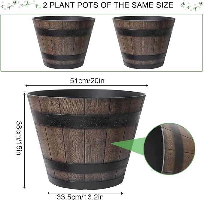 Large Plant Pots, 20 Inch 2 Pack Plastic Whiskey Barrel Planters, Big Flower Pots Wine Barrel Design for Outdoor Indoor, Garden, Porch, Patio, Backyard