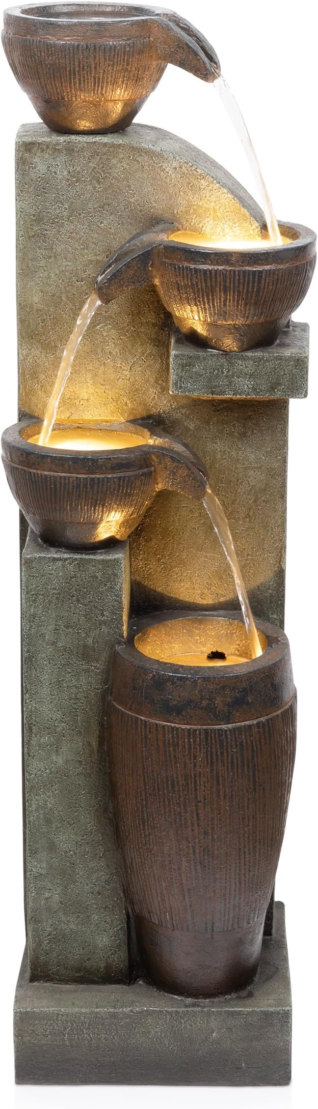 Alpine Corporation 40” Tall Indoor/Outdoor 4-Tier Fountain with LED Lights, Cascading Pot and Bowl Water Feature, Elegant Waterfall for Garden, Patio & Home, Brown