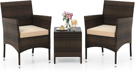 KOTEK 3 Piece Patio Furniture Set, Outdoor Wicker Patio Chairs with Soft Cushions & Tempered Glass Top Table, PE Rattan Bistro Set for Porch, Garden, Balcony (Beige)