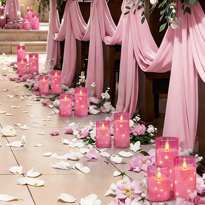 Homemory Flameless Candles with Embedded Star String Fairy Lights, Battery Operated Candles, LED Candle, Fake Candles with Remote Control and Timer, Pink, Set of 3(H 4" 5" 6?€?)