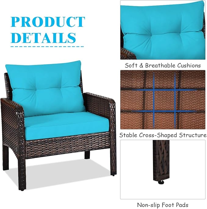 Tangkula 3 Piece Wicker Chairs with Glass Top Coffee Table, Thick Cushions, All Weather Garden Lawn Poolside Backyard Porch Outdoor Patio Furniture Set for 2 (Turquoise)
