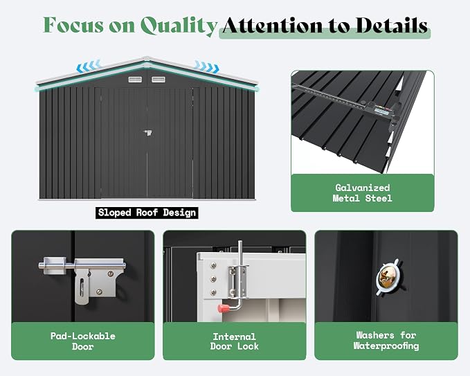 VanAcc 12x20x7.2 FT Outdoor Storage Shed with 2 Transparent Panels, Metal Garden Shed with Hinged Double Doors, Windows & Vents, Reinforced Steel Frame for Backyard Garden, DIY Workshop, Dark Gray - Image 6