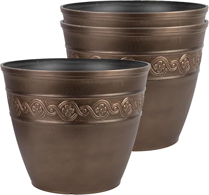 Classic Home and Garden Corinthian Resin Planter Pot - Outdoor & Indoor Plant Pot - Round Planter for Plants & Flowers (8" Oil Rubbed Bronze, Pack of 3)