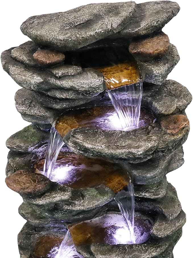 Naturefalls 40inches High Outdoor Rock Water Fountain with LED Lights - 6-Tiers Poly-Resin Cascading Waterfall Fountain for Garden, Patio, Yard, Home Decor