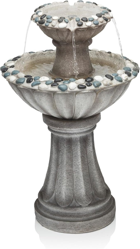 Alpine Corporation ZEN640S 24" 2 Tier Classic Pedestal Water Fountain, Indoor/Outdoor Floor Water Feature for Garden, Patio, and Home Décor, Gray