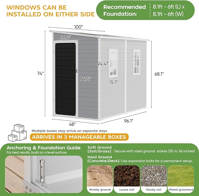 WACASA 4x8 FT Outdoor Storage Shed with Floor, 21-Gauge Reinforced Steel & 16mm Thickened Resin Walls, Space-Saving Lean-to Tool House with 2 Awning Windows & Lockable Single Door for Side Yard - Image 8