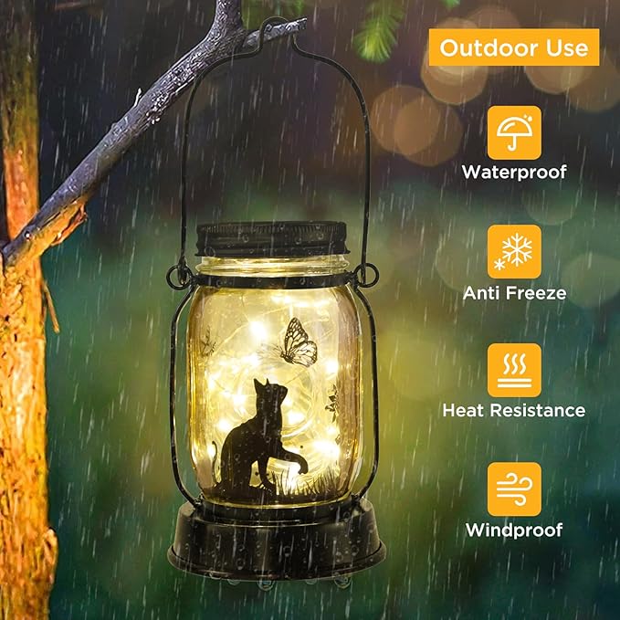 Cat Gifts Cat Lover Gifts for Women/Mom/Grandma/Sister, Mother Day Gift, Cats Butterfly Solar Lights Outdoor Hanging Cat Lanterns Fairy Lights, Kitty Lamps Decor for Yard Lawn Garden Patio